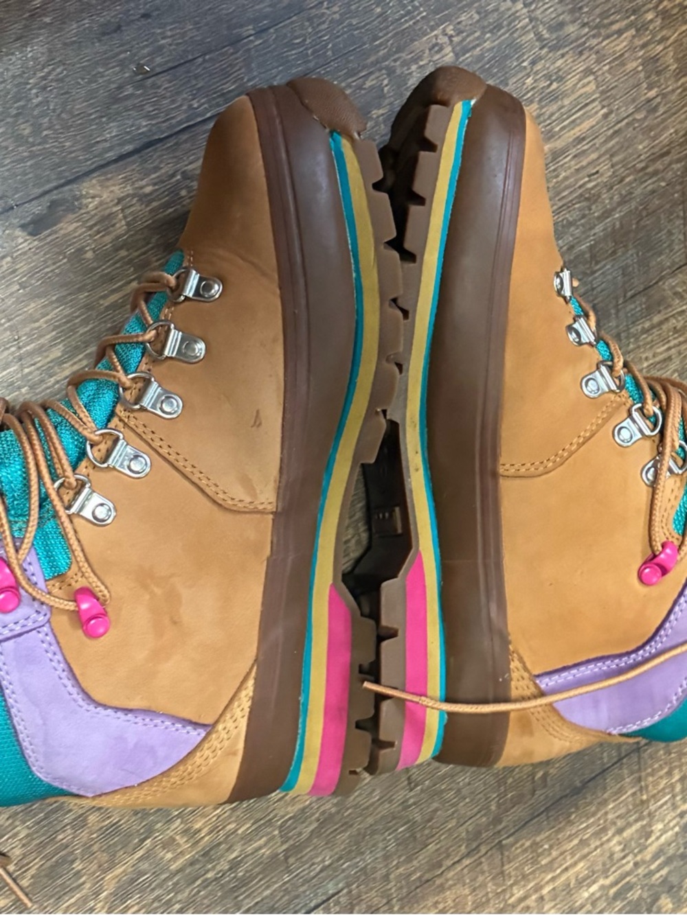 Timberland Women's Euro Hiker Mixed Media Boots Wheat Turquoise Purple Size 7 - Picture 4 of 8